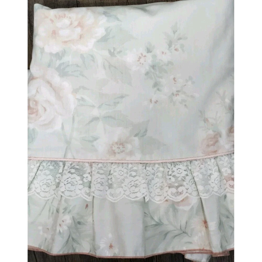 Vintage J.P. Stevens floral full flat sheet ruffle lace mint green 82x94